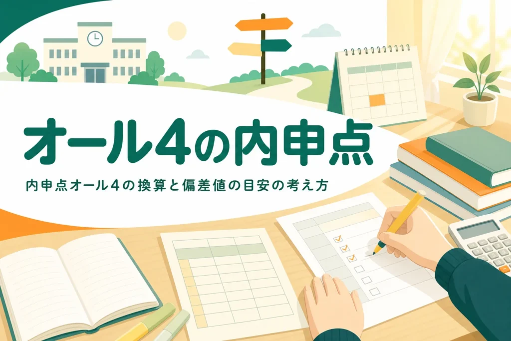 オール4の内申点の換算内申と、偏差値の目安の考え方を解説する記事のアイキャッチ