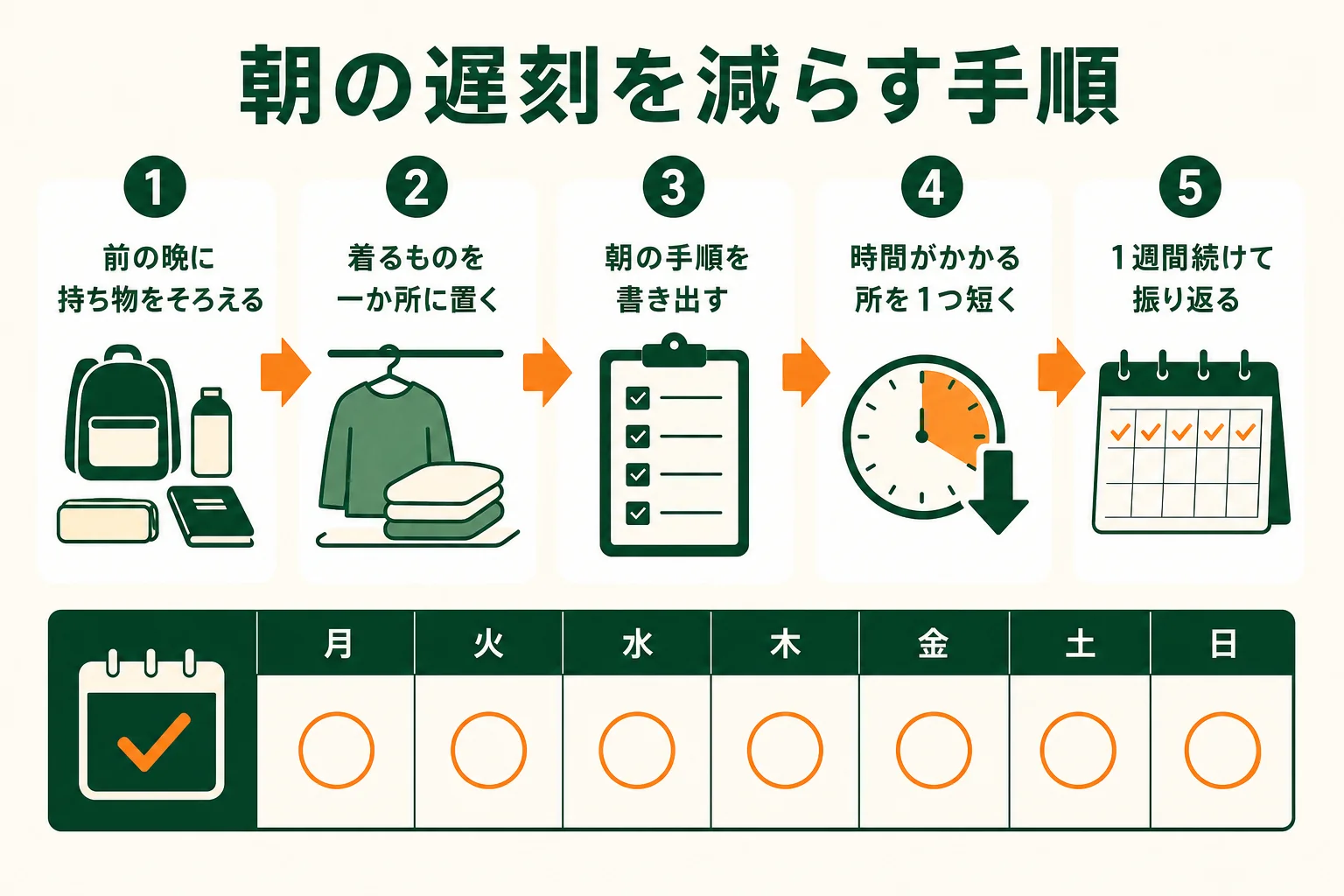 遅刻を減らすために、前の晩の準備から朝の手順の見直しまでを5つの手順で示した図解