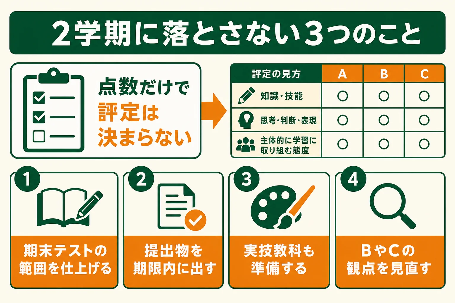 2学期に落とさないようにしたい期末テスト・提出物・実技教科の3つを示した図解