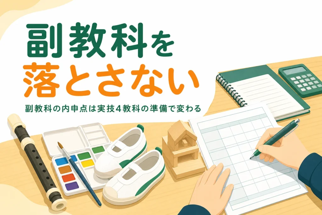 副教科の内申点を、音楽・美術・保健体育・技術家庭の実技4教科の準備から解説する記事のアイキャッチ