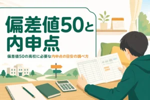偏差値50前後の高校に必要な内申点を、入試方式・内申の数え方・当日点の順に調べる方法を解説する記事のアイキャッチ