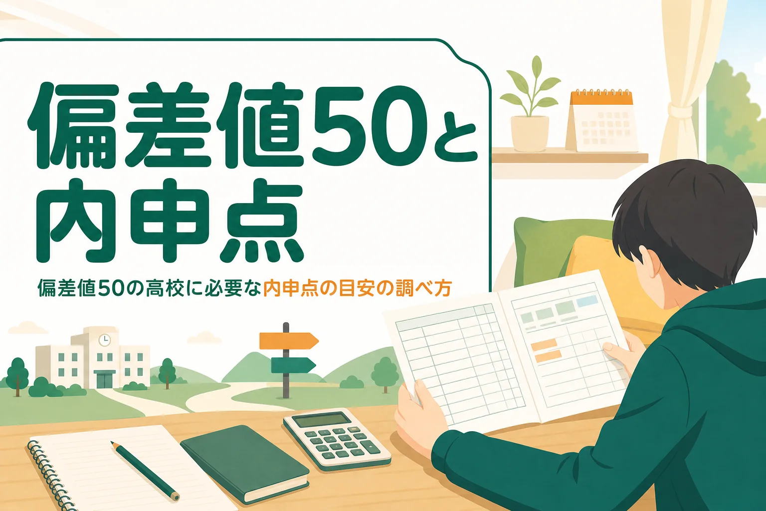 偏差値50前後の高校に必要な内申点を、入試方式・内申の数え方・当日点の順に調べる方法を解説する記事のアイキャッチ
