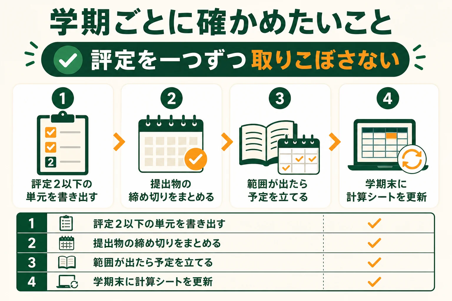 評定平均を上げたい時に、学期ごとに確かめたいことを並べた図解