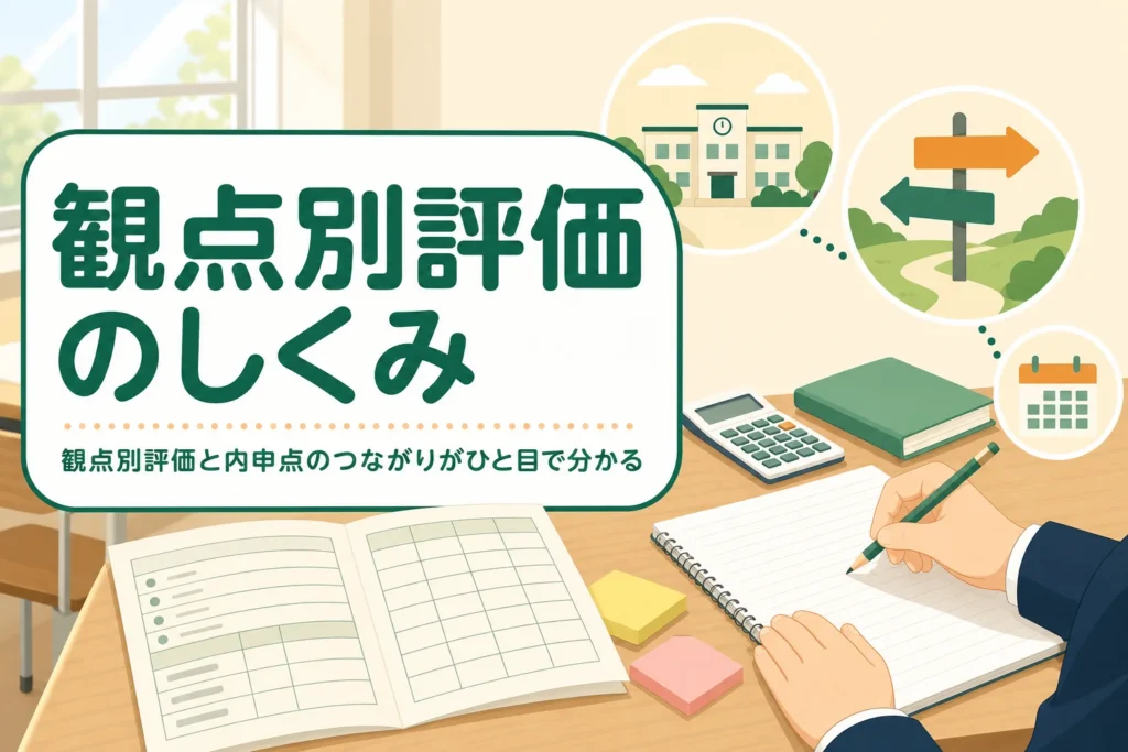 観点別評価と内申点の関係を、3つの観点から評定が決まるしくみとして解説する記事のアイキャッチ