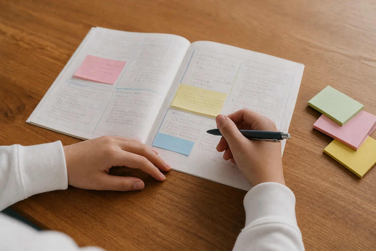 学年ごとの委員会や係、ボランティアの内容を書きとめた活動メモのノートと付箋が置かれた机の手元