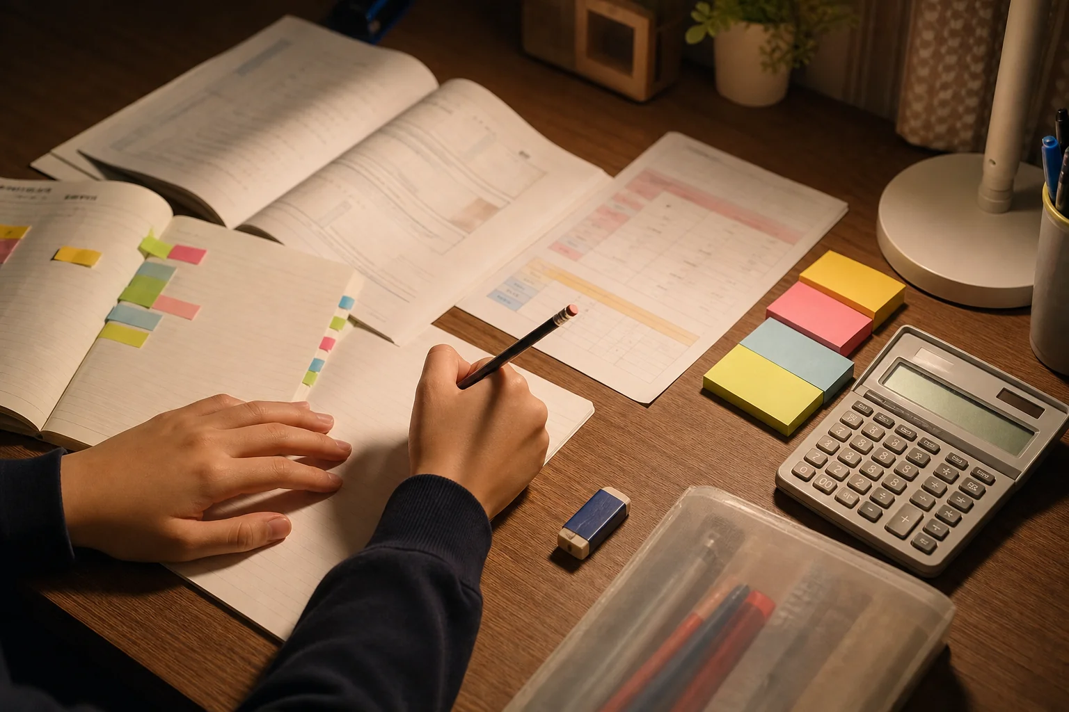 中学3年の机の上に、ワークと定期テストの範囲表、付箋を貼ったノートが並ぶ手元の写真