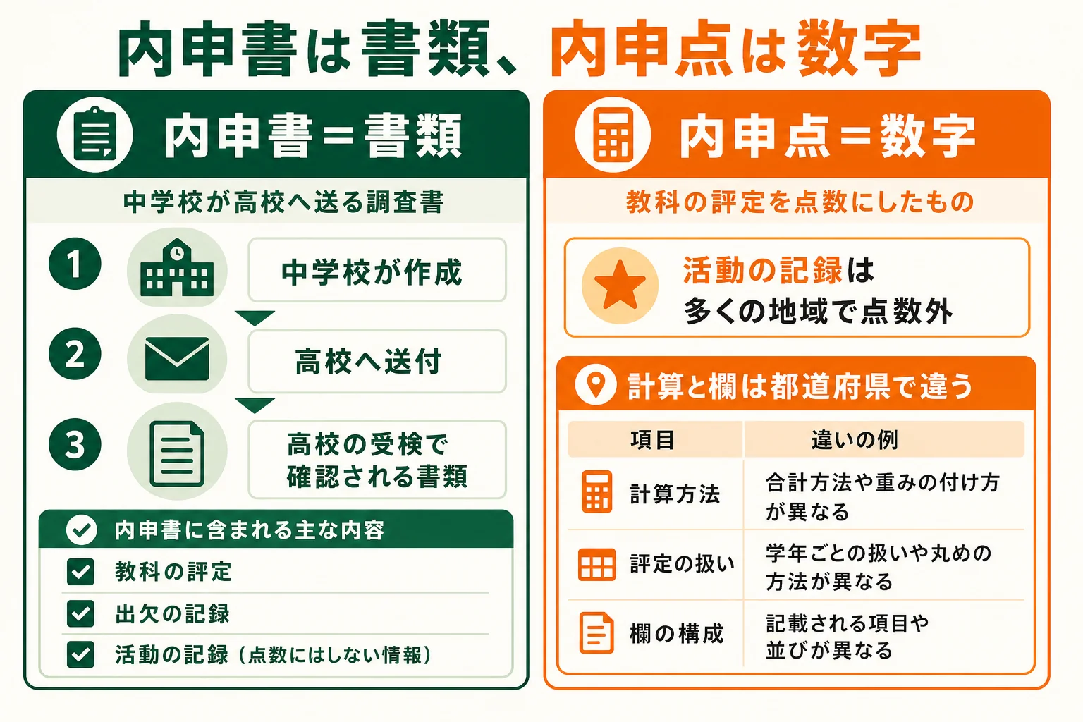 内申書（調査書）という書類と、そこから計算する内申点という数字の違いを並べた図解