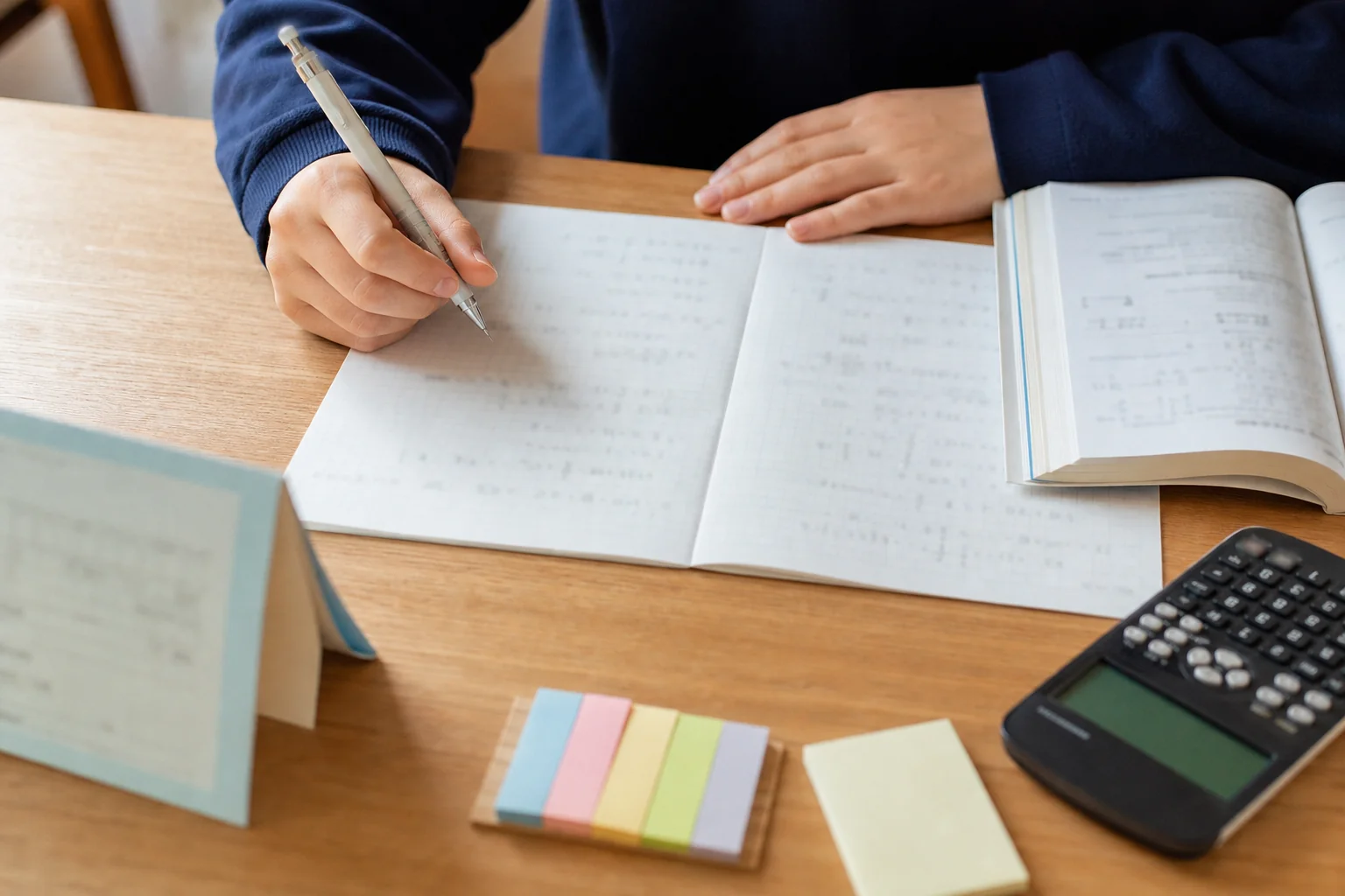 委員会や大会、検定などの活動の事実を書きとめたノートと付箋が置かれた机の手元