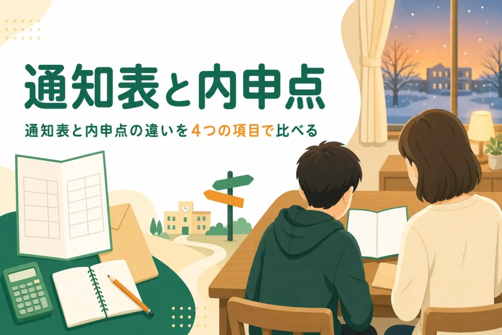 通知表と内申点の違いを、誰が作る・いつの成績か・何に使う・満点の4項目で解説する記事のアイキャッチ