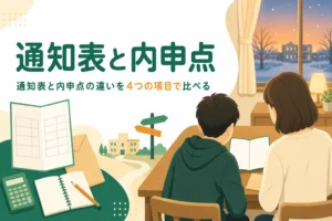 通知表と内申点の違いを、誰が作る・いつの成績か・何に使う・満点の4項目で解説する記事のアイキャッチ